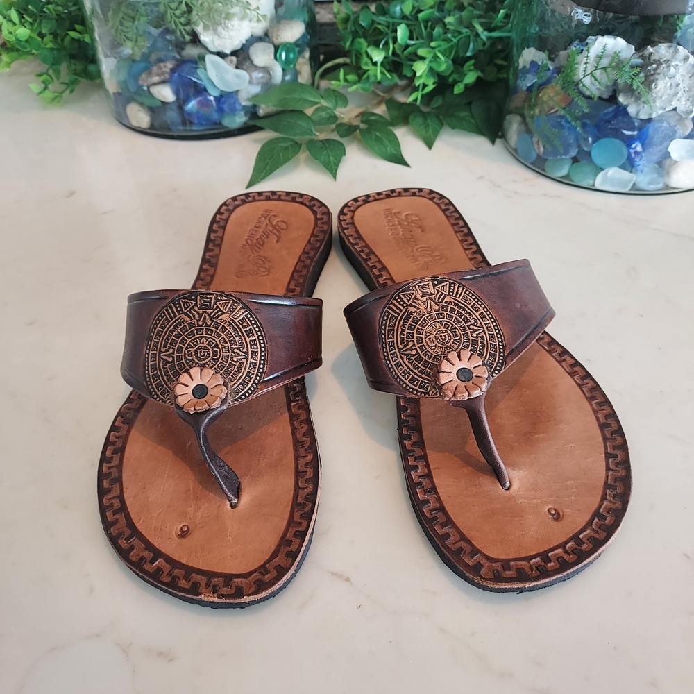 LARA Tan Brown Embossed Leather Thong Sandals